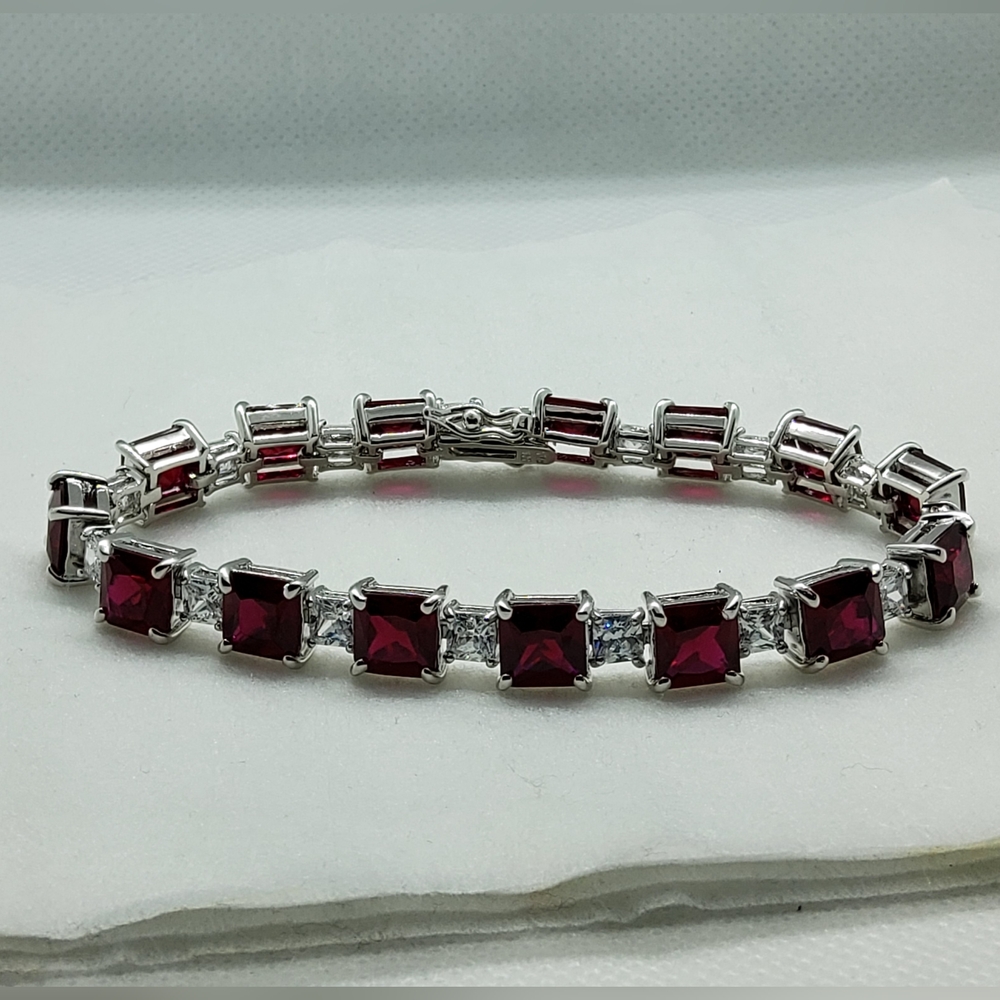 Sterling Silver Simulated Garnet & CZ Bracelet